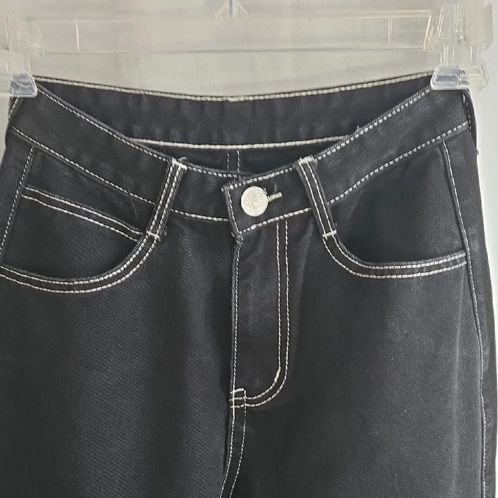 Black Cargo Jeans 24W 26.5L Contrast Stitch Streetwear Kids Unisex